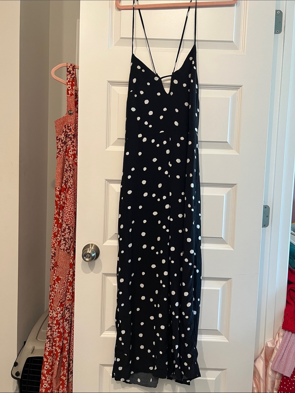Topshop Black Maxi Dress with White Polka Dots and Strappy V-Neck